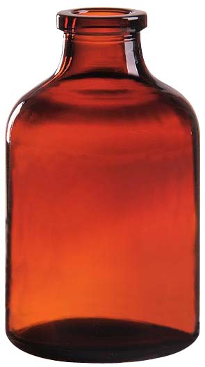 50ml Injektionsflasche, 43 x 73mm, Halsdurchmesser 20, 1. Klasse-Glas, Braunglas, nach DIN/ISO, (Hüttenglas); (VE = 130 Stück)