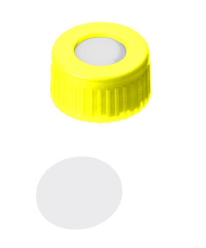 9mm Verschluss: PP Kurzgewindekappe, gelb, mit Loch; PTFE virginal, 53° shore D, 0,2mm
