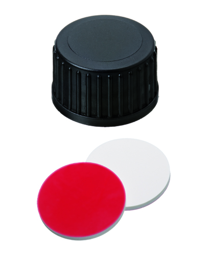18mm Verschluss: PP Schraubkappe, schwarz, geschlossen; Silicon weiß/PTFE rot, 55° shore A, 1,5mm