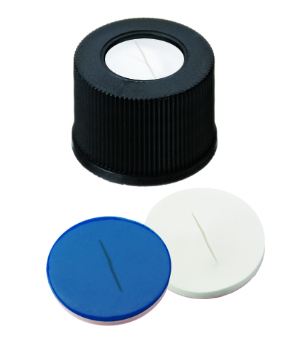 10mm Verschluß: PP-Schraubkappe, schwarz, mit Loch, mit Gewinde 10/425; Silicon weiß/PTFE blau, 60° shore A, 1,5mm, geschlitzt
