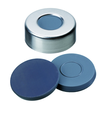 20mm Verschluss: Aluminium Bördelkappe, farblos lackiert, 10mm Loch; 20mm Formscheibe Butyl/ PTFE, 50° shore A, 3,0mm