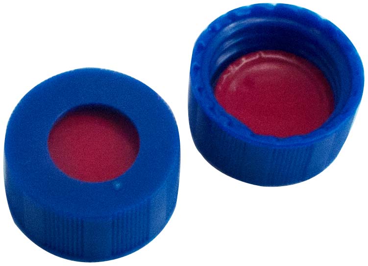 9mm  PP Kurzgewindekappe, (R-Line), blau, mit Loch; ; Silikon rot-orange/PTFE farblos, 45°shore A, 1,0mm, Packung mit 1.000 Stück