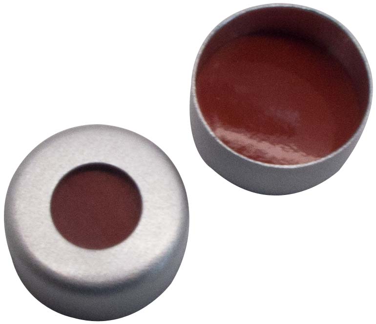 11mm Verschluss: Aluminium Bördelkappe, farblos lackiert, mit Loch; Red Rubber / PTFE transparent, 65° shore A, 1,0mm