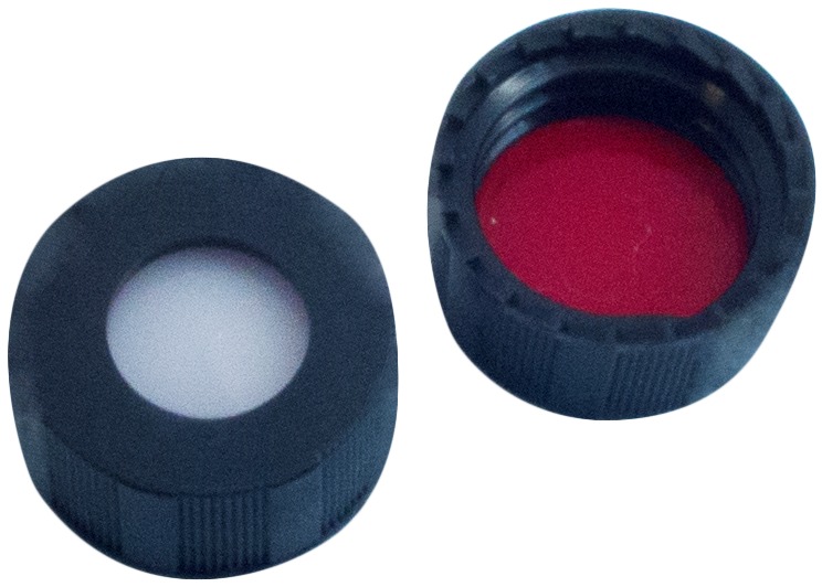 9 mm UltraClean PP-Kurzgewindekappe, schwarz, mit Loch; Silicon weiß/PTFE rot, 55° Shore A, 1,0 mm