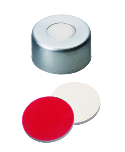11mm Verschluss: Aluminium Bördelkappe, farblos lackiert, mit Loch; Silicon creme/PTFE rot, 55° shore A, 1,5mm