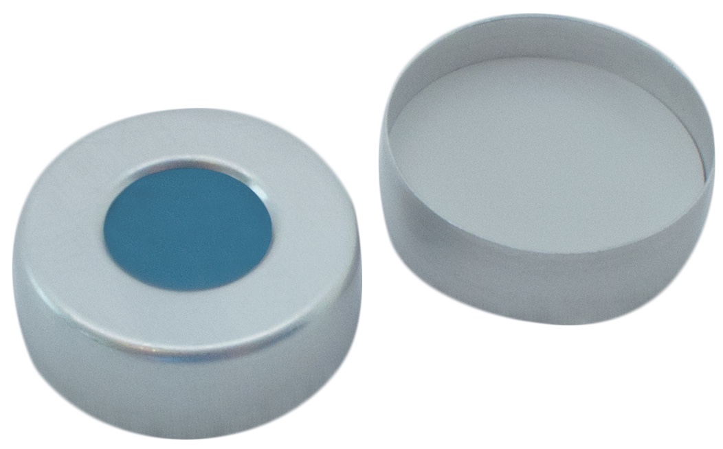 20 mm UltraClean Aluminium-Bördelkappe, silber, mit Loch; Silicon blau transparent/PTFE weiß, 45° Shore A, 3,0 mm