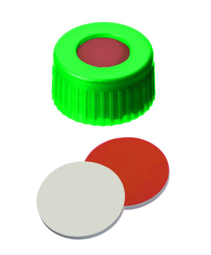 9mm Verschluss: PP Kurzgewindekappe, grün, mit Loch; RedRubber / PTFE beige, 45° shore A, 1,0mm