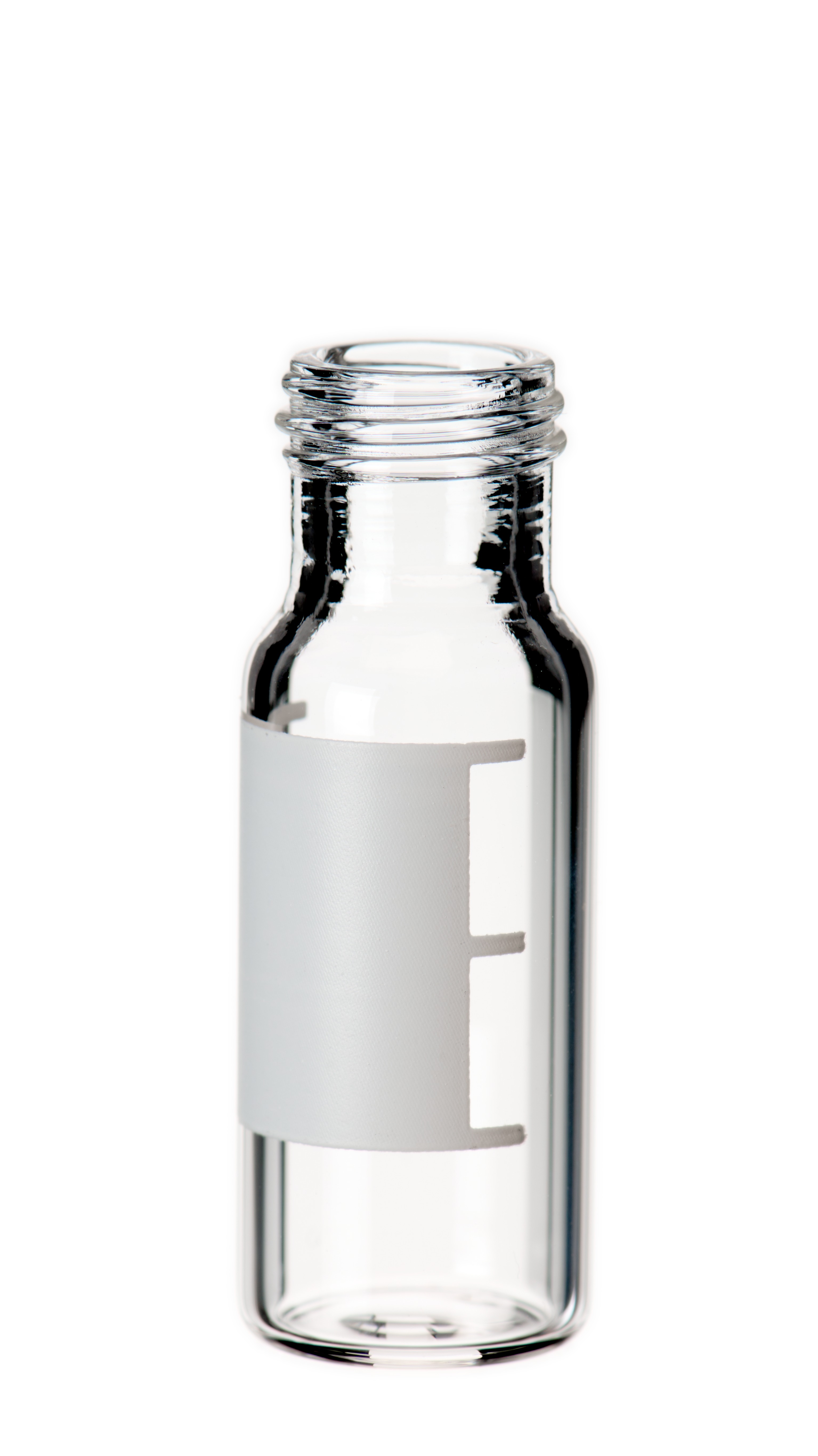 1,5 ml Kurzgewindeflasche ND9, 32 × 11,6 mm, Klarglas, 1. hydrolytische Klasse, weite Öffnung, mit Schriftfeld und Füllmarkierungen