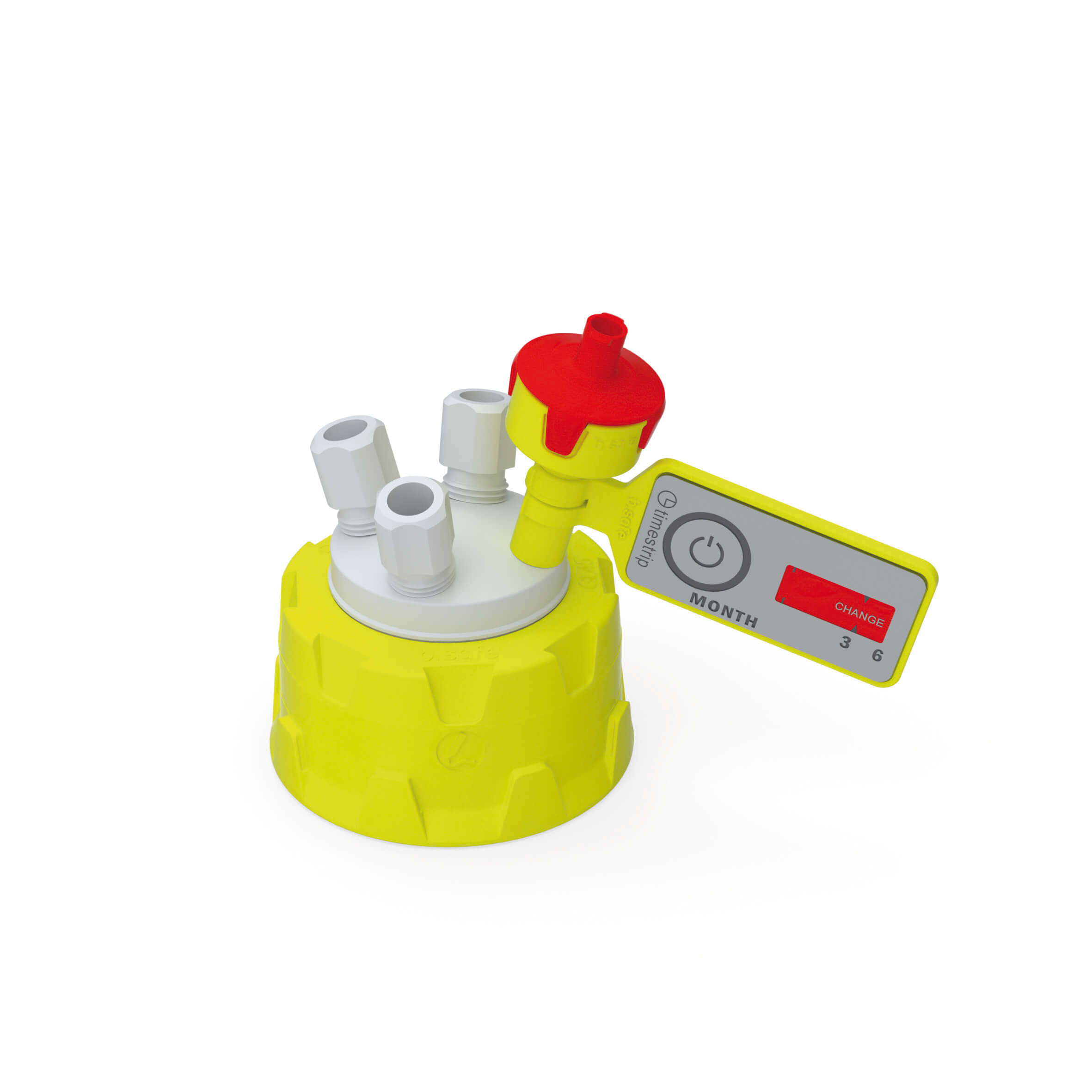 Kappe GL45 aus PP-GF-gelb, Einsatz aus PTFE mit 3 Schlauchanschlüssen (NPT 1/8"). Zubehör: 1 Belüftungsventil mit Wechselanzeige, 3 Fittings für Schlauch-Außen-Ø 6,35 mm (PTFE-weiß), 2 Blindfittings (PTFE-weiß).