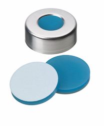 20mm Verschluss: Aluminium Bördelkappe, farblos lackiert, 10mm Loch; Silicon kristallblau/ PTFE weiß, 40 shore A, 3,0mm (Ultra rein) 20mm Verschluss: Aluminium Bördelkappe, farblos lackiert, 10mm Loch; Silicon kristallblau/ PTFE weiß, 40 shore A, 3,0mm (Ultra rein)