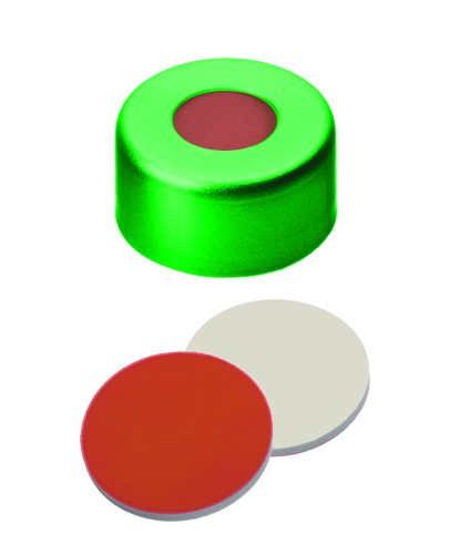 11mm Verschluss: Aluminium Bördelkappe, grün lackiert, mit Loch; Red Rubber / PTFE beige, 45° shore A, 1,0mm