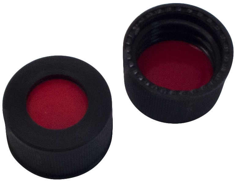 10 mm PP-Schraubkappe, schwarz, mit Loch, Gewinde 10-425; PTFE rot/Silicon weiß/PTFE rot, 45° Shore A, 1,0 mm