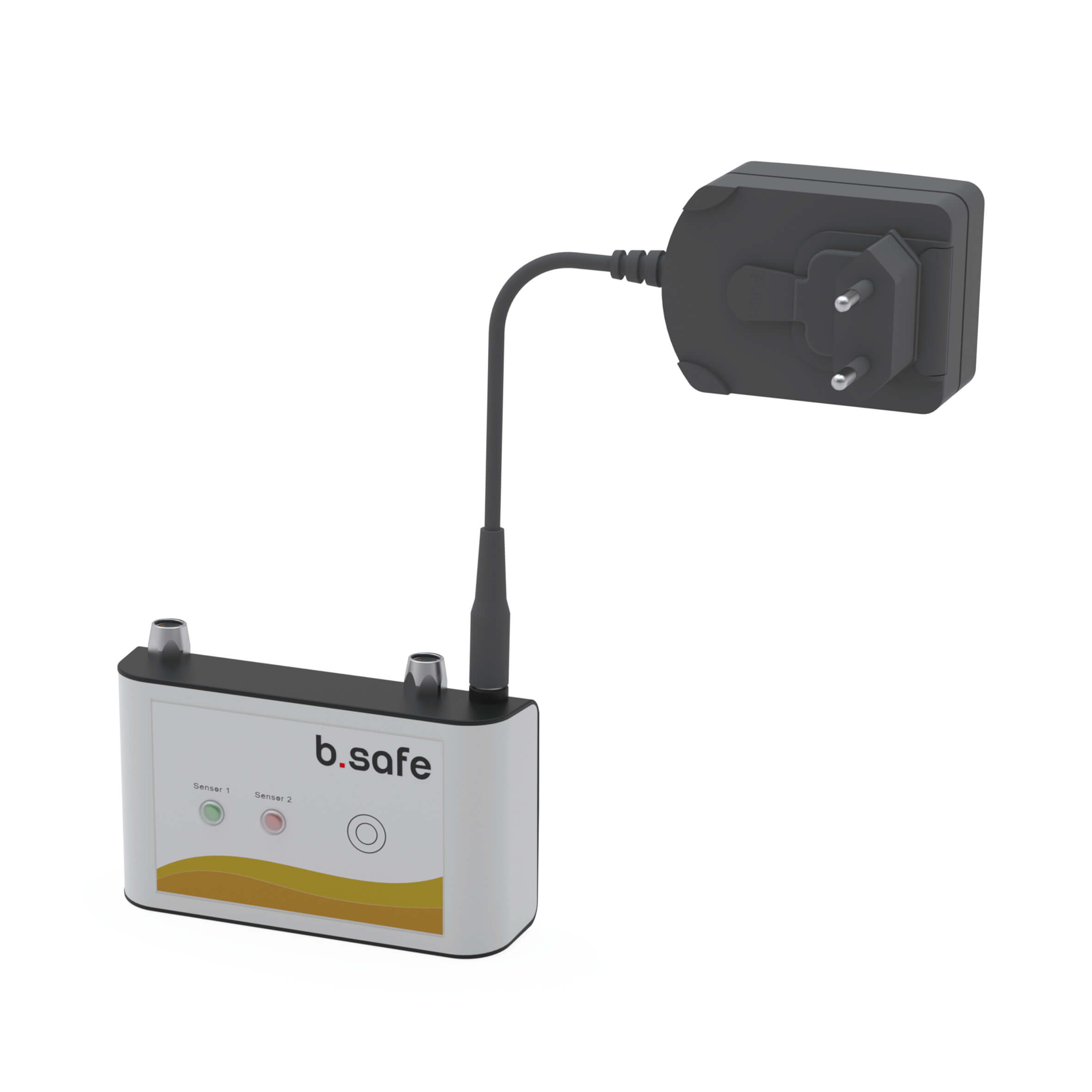 Alarmierungsbox im Tischgehäuse aus Kunststoff (ABS), Front mit Touch-Schaltflächen und LED-Anzeigen, Ausführung 2 Kanal/2 Behälter überwachbar. Geeignet für b.safe Waste Caps LC / System Waste Caps LC mit Hauptalarm. Inklusive Netzteil (Input: AC 100-240