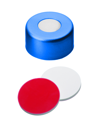 UltraClean Verschluss: 11mm  Aluminium Bördelkappe, blau lackiert, mit Loch; Silicon weiß/PTFE rot, 45° shore A, 1,3mm