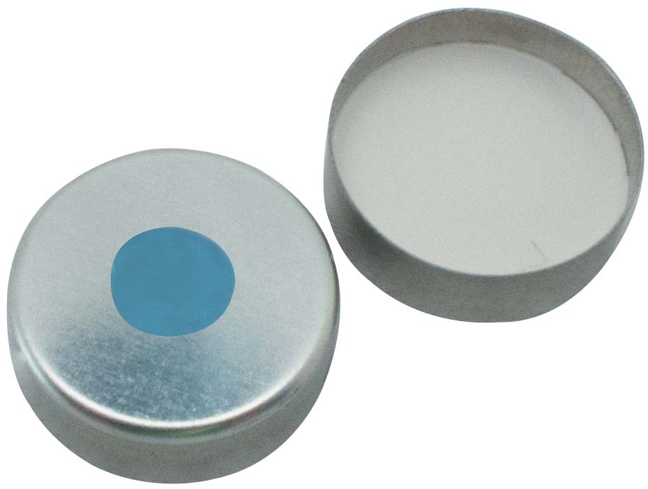 UltraClean Verschluss: 20mm Magnetische Bördelkappe, silber lackiert, mit 8mm Loch; Silicon blau transparent/ PTFE weiss, 45 shore A, 3,0mm