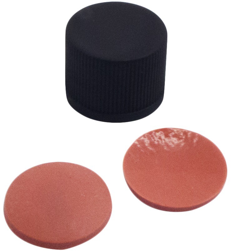10 mm PP-Schraubkappe, schwarz, geschlossen; NK rot-orange/TEF transparent, 60° Shore A, 1,0 mm