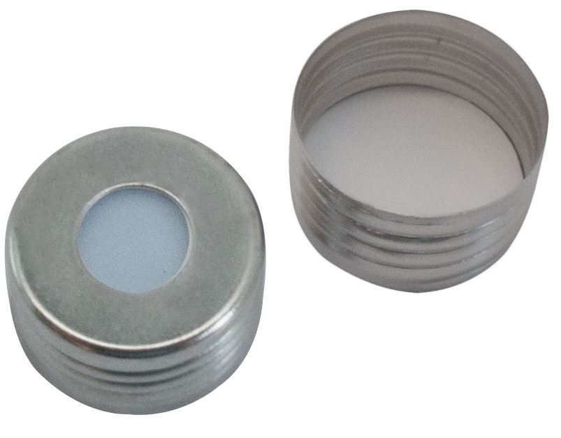 18 mm UltraClean Magnetische Universalschraubkappe, mit Loch; Silicon blau transparent/PTFE weiß, 45° Shore A, 1,3 mm