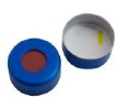 UltraClean Verschluss: 20 mm Aluminium-Bördelkappe, blau lackiert, mit Loch; Silicon blau transparent/PTFE weiß, 45° Shore A, 3,0 mm