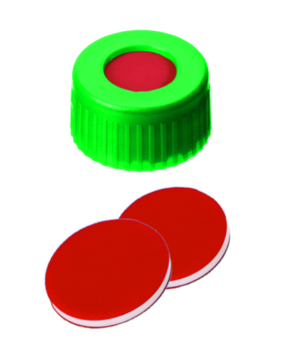 9mm Verschluss: PP Kurzgewindekappe, grün, mit Loch; PTFE rot/Silicon weiß/PTFE rot, 45° shore A, 1,0mm