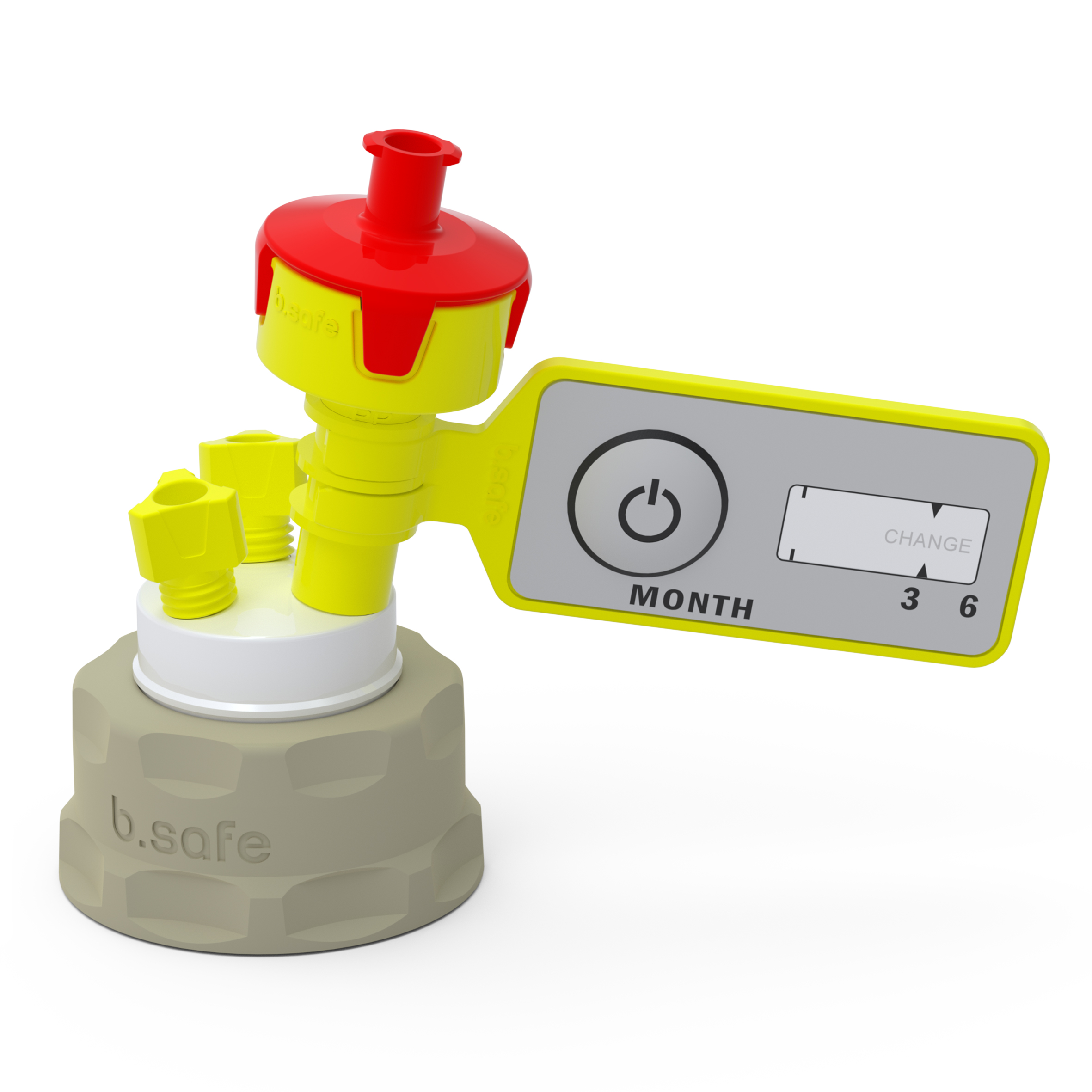 Kappe GL28 aus PPS-gelb, Einsatz aus PTFE mit 2 Kapillaranschlüssen (UNF 1/4"). Zubehör: 1 Belüftungsventil mit Wechselanzeige, 2 Fittings für Schlauch-Außen-Ø 3,2 mm (PFA-gelb), 1 Blindfitting (PFA-milchig-weiß).