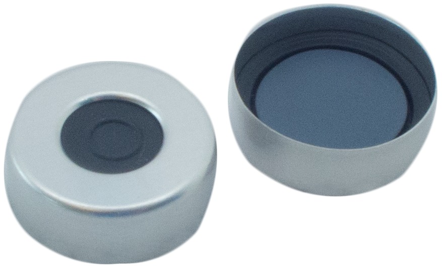 20 mm Aluminium-Bördelkappe, silber, mit Loch; Pharma-Fix-Septum, Butyl/PTFE, 50°Shore A, 3,0 mm