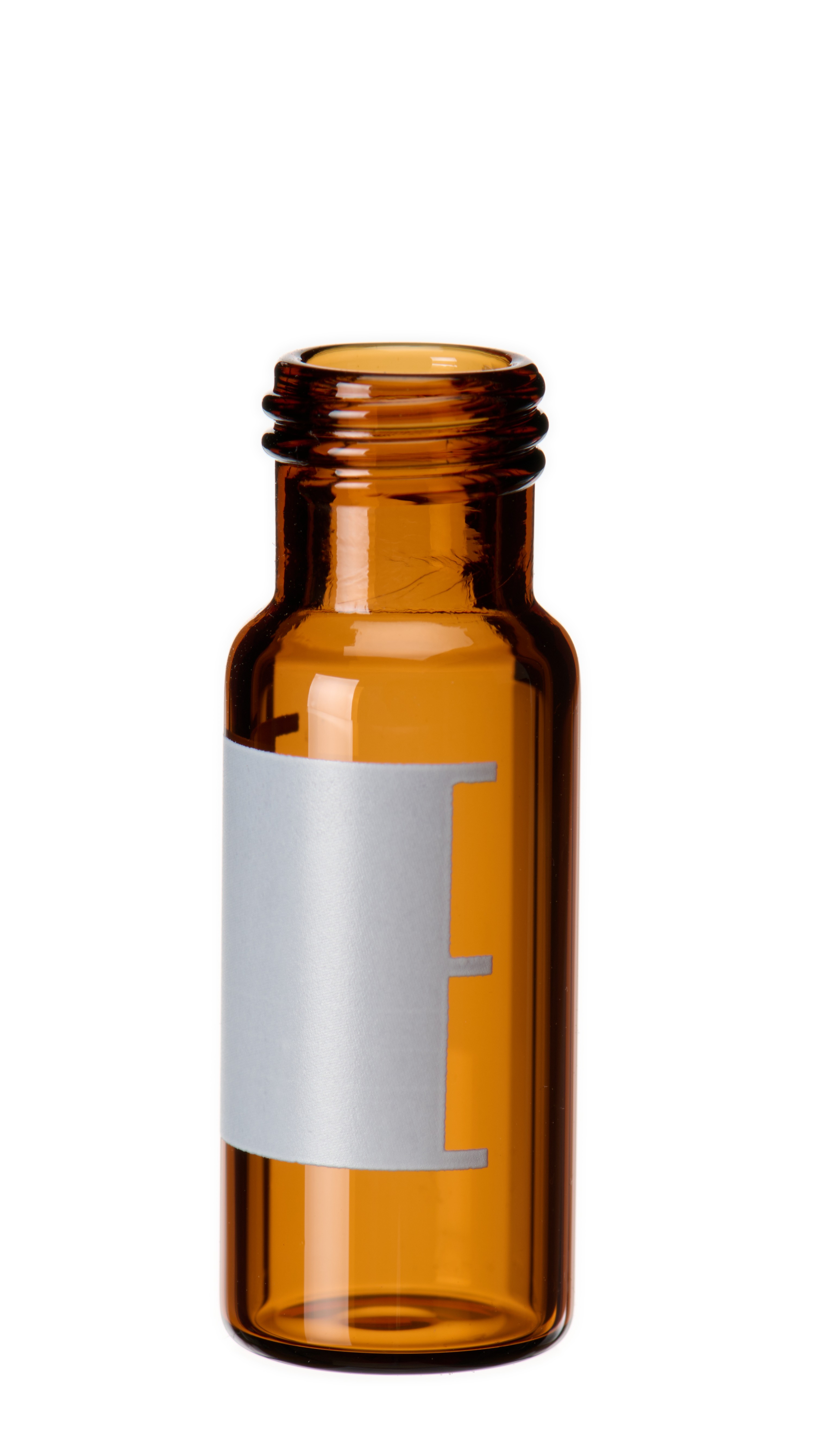 1,5 ml Kurzgewindeflasche ND9, 32 × 11,6 mm, Braunglas, 1. hydrolytische Klasse, weite Öffnung, mit Schriftfeld und Füllmarkierungen