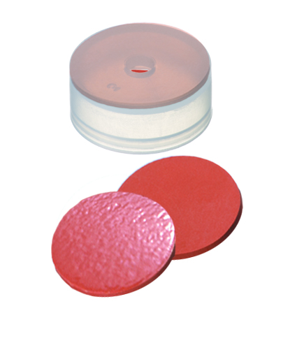 20mm Verschluss: PE Kappe, transparent, mit 4,3mm Loch, Kappenhöhe 9,1mm; Naturkautschuk rot-orange/TEF transparent, 60° shore A, 1,0mm