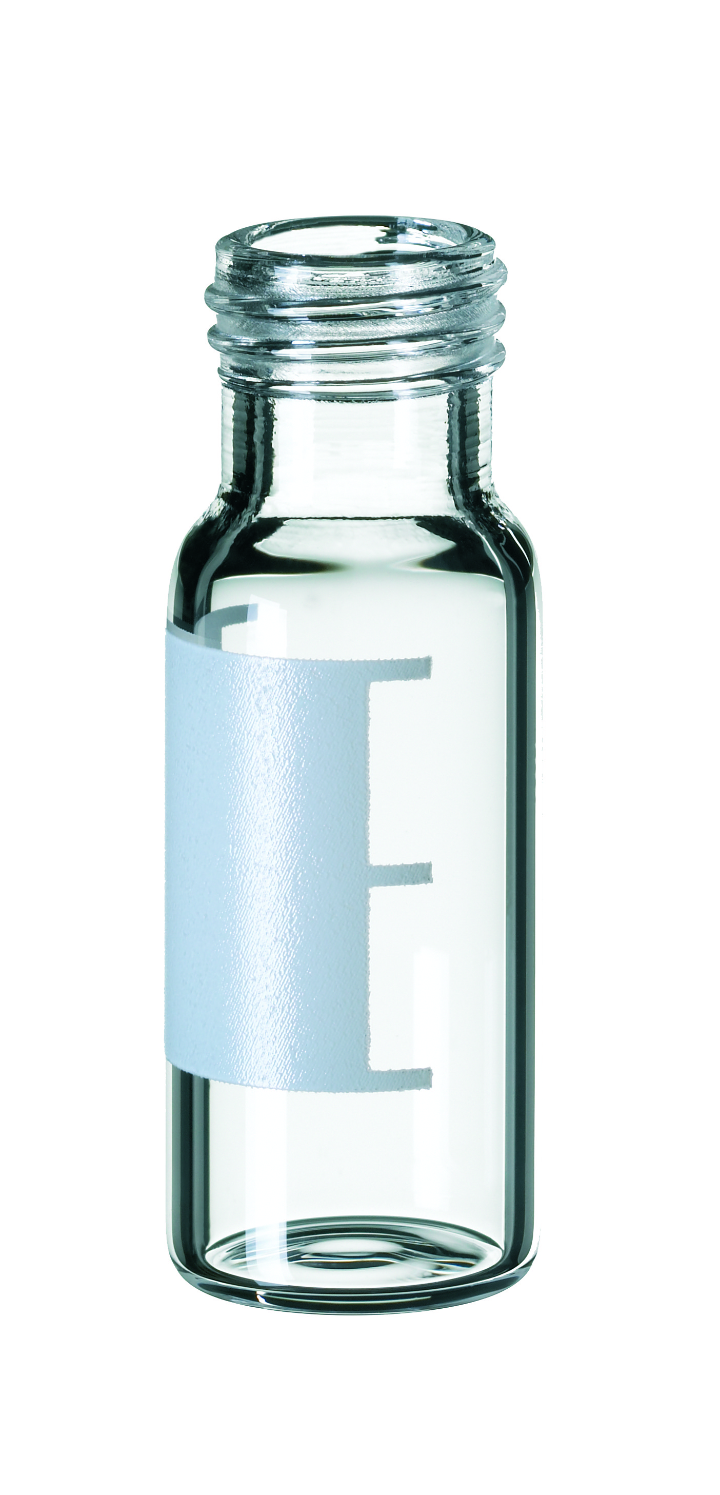 1,5 ml Kurzgewindeflasche ND9, 32 × 11,6 mm, Klarglas, 1. hydrolytische Klasse, weite Öffnung, mit Schriftfeld und Füllmarkierungen