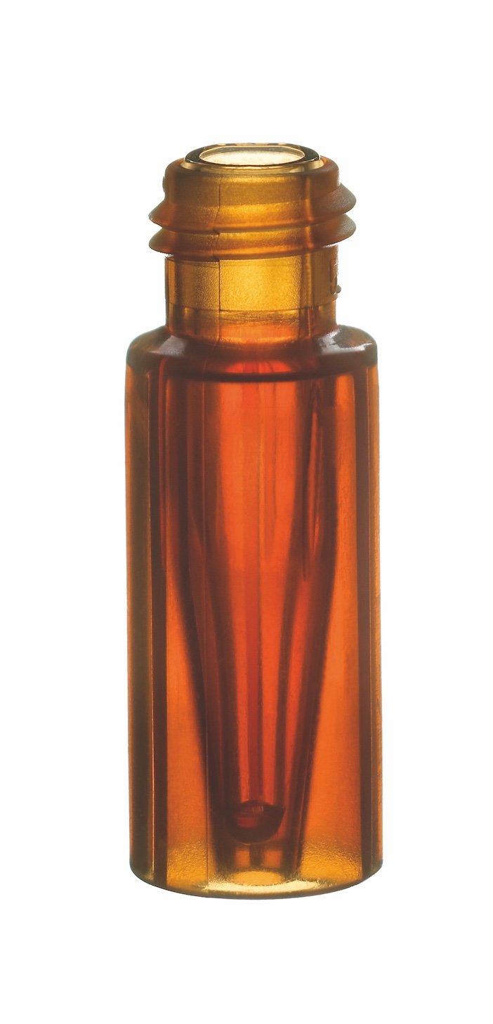 Kurzgewindeflasche, 32 x 11,6mm, braun, mit integriertem silanisiertem 0,2ml Glas-Mikroeinsatz, 15mm Spitze (>>> silanisiert 
