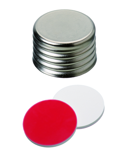 UltraClean Verschluss: 18mm magnetische Universalschraubkappe, silber, geschlossen; Silicon weiß/PTFE rot, 45° shore A, 1,3mm