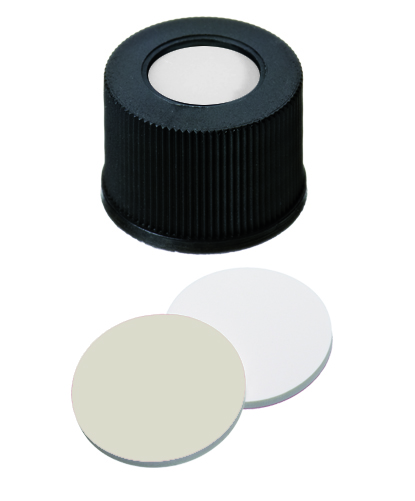 10mm Verschluss: PP Schraubkappe, schwarz, mit Loch, Gewinde 10-425; Silicon weiß/PTFE beige, 45° shore A, 1,5mm