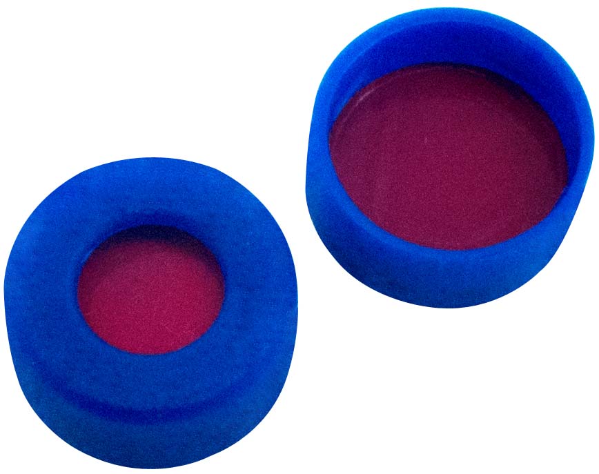 11mm Verschluss: PE Schnappringkappe, blau, mit Loch, weiche Version; PTFE rot/Silicon weiß/PTFE rot, 45° shore A, 1,0mm 11mm Verschluss: PE Schnappringkappe, blau, mit Loch, weiche Version; PTFE rot/Silicon weiß/PTFE rot, 45° shore A, 1,0mm