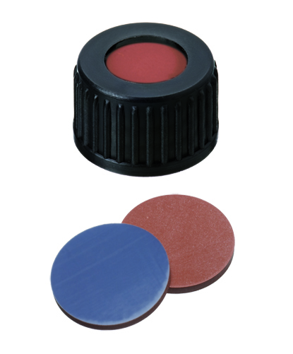 18mm Verschluss: PP Schraubkappe, schwarz, . Loch; Butyl rot/ PTFE grau, 55°shore A, 1,6mm