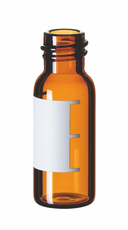1,5ml Gewindeflasche, 32x11,6mm, Braunglas, 1. hydrol. Klasse, enge Öffnung, Schriftfeld u. Füllmakierung