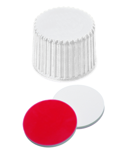 20 mm PP-Schraubkappe, weiß, geschlossen, Gewinde 20-400; Silicon weiß/PTFE rot, 45° Shore A, 1,3 mm