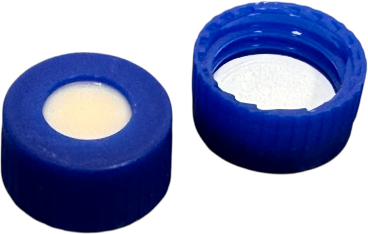 9 mm UltraBond Verschluss: PP-Kurzgewindekappe, blau, mit Loch; Silicon beige/PTFE weiß, 45° Shore A, 1,0 mm