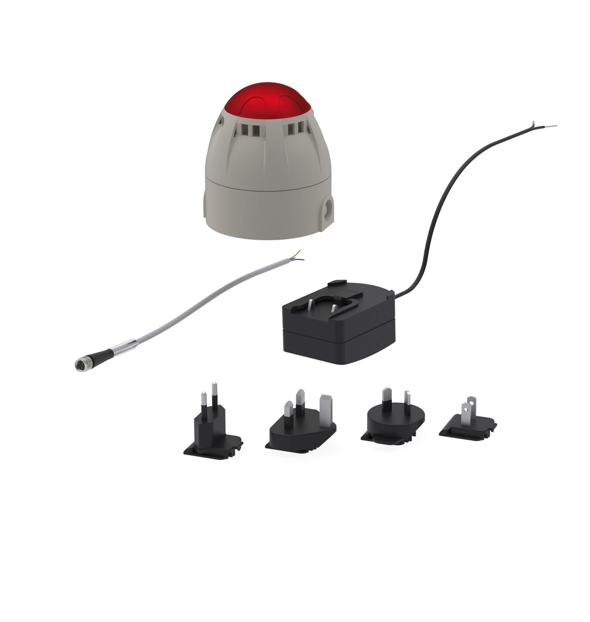 Gehäuse IP65-geschützt aus ABS, mit roter LED-Blitzleuchte und Sirene (Dauerton), inkl. Netzteil (Input: AC 100-240 V / 50-60 Hz, 0,5 A, Output: 24 V DC,0,5 A) mit Steckeraufsätzen EU, Australien, USA, Japan und UK