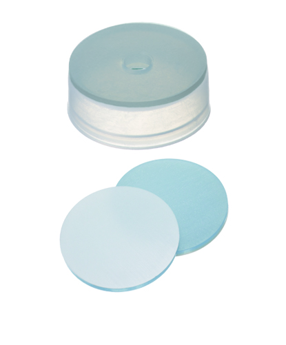 22mm Verschluss: PE Kappe, transparent, mit 4,3mmLoch, Kappenhöhe 8,4mm, Silicon blau transparent/PTFE weiß, 45° shore A, 1,3mm