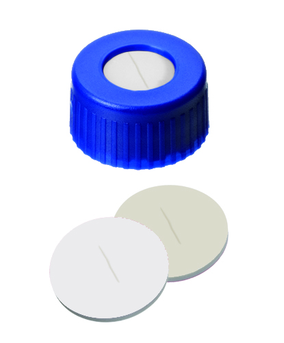 9mm UltraBond Verschluss: PP Kurzgewindekappe, blau, mit Loch; Silicon beige/PTFE weiß, 45° shore A, 1,0mm, geschlitzt