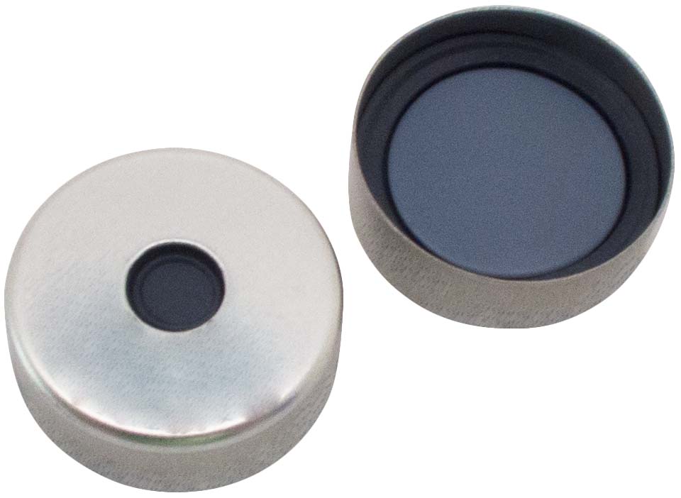 20mm Verschluss: Magnetische Bördelkappe, silber lackiert, mit 5mm Loch; Pharma-Fix-Septum, Butyl/PTFE, 50° shore A, 3,0mm