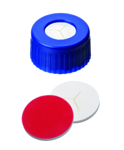 9 mm PP-Schraubkappe, blau, mit Loch; Silikon weiß/PTFE rot, 55° Shore A, 1.0 mm, angeschlitzt (Y)