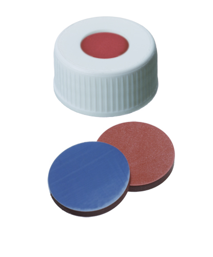 24mm Verschluß: PP- Schraubkappe weiß, 10mm Loch; 22,1mm Scheibe, Butyl rot/ PTFE grau, 2,5mm