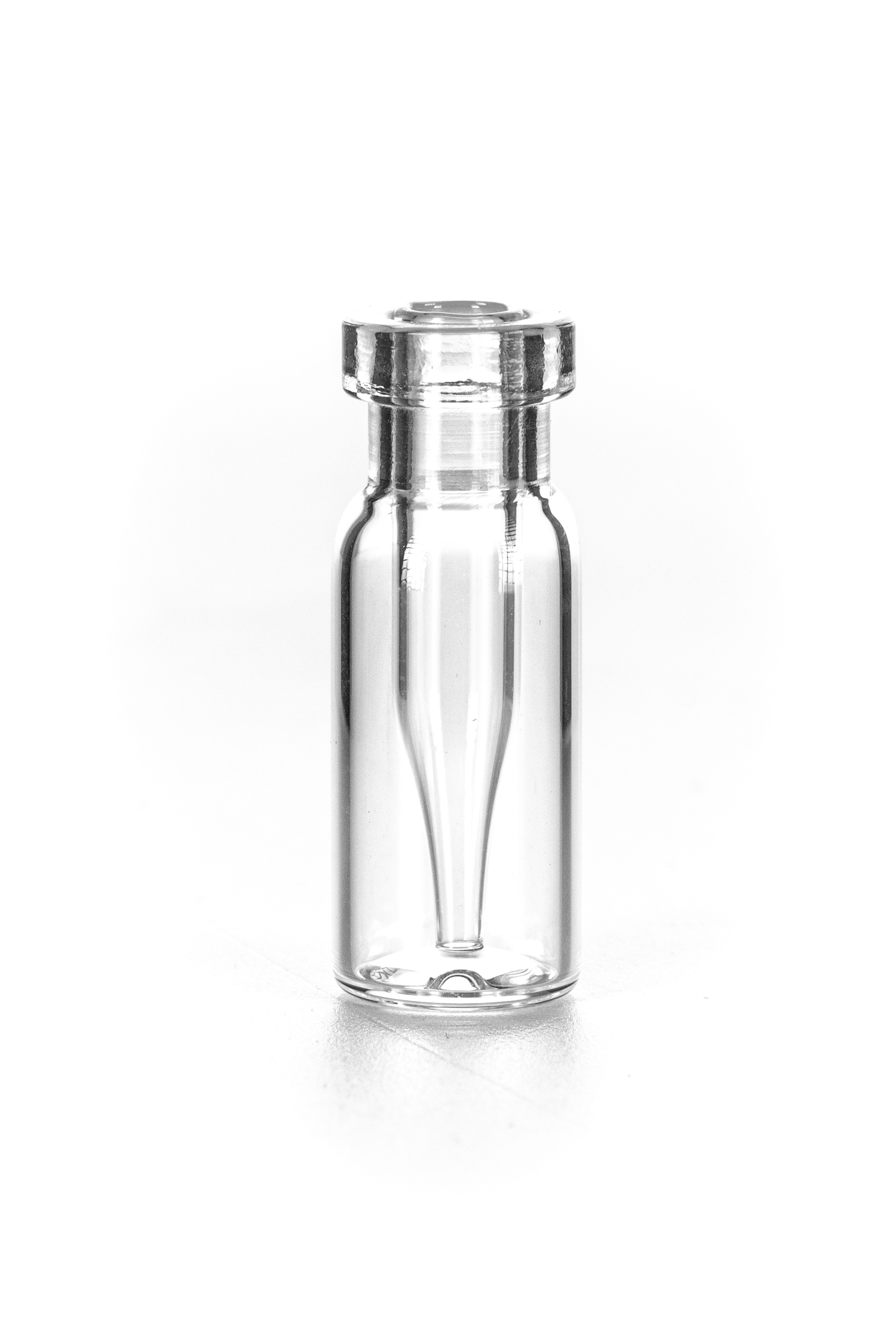 Rollrandflasche ND11 mit integriertem 0,2 ml Mikroeinsatz, 32 × 11,6 mm, Klarglas, 1. hydrolytische Klasse, "Base Bond", mit schmalen Mikroeinsatz