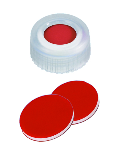 9mm PP Kurzgewindeschraubkappe, transparent, 6mm Loch; 9mm Scheibe, PTFE rot/ Silicon weiß/ PTFE rot, 50 shore A, 1,0mm