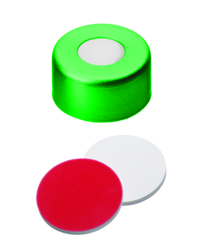 UltraClean Verschluss: 11mm  Aluminium Bördelkappe, grün lackiert, mit Loch; Silicon weiß/PTFE rot, 45° shore A, 1,3mm