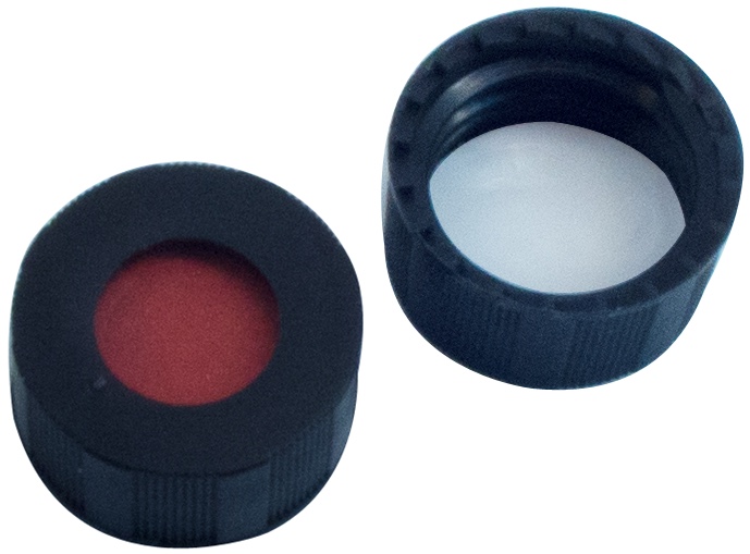 9 mm PP-Kurzgewindekappe, schwarz, mit Loch; RedRubber/PTFE beige, 45° Shore A, 1,0 mm