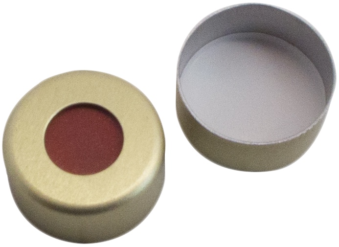 11 mm Aluminium-Bördelkappe, gold lackiert, mit Loch; Red Rubber/PTFE beige, 45° Shore A, 1,0 mm