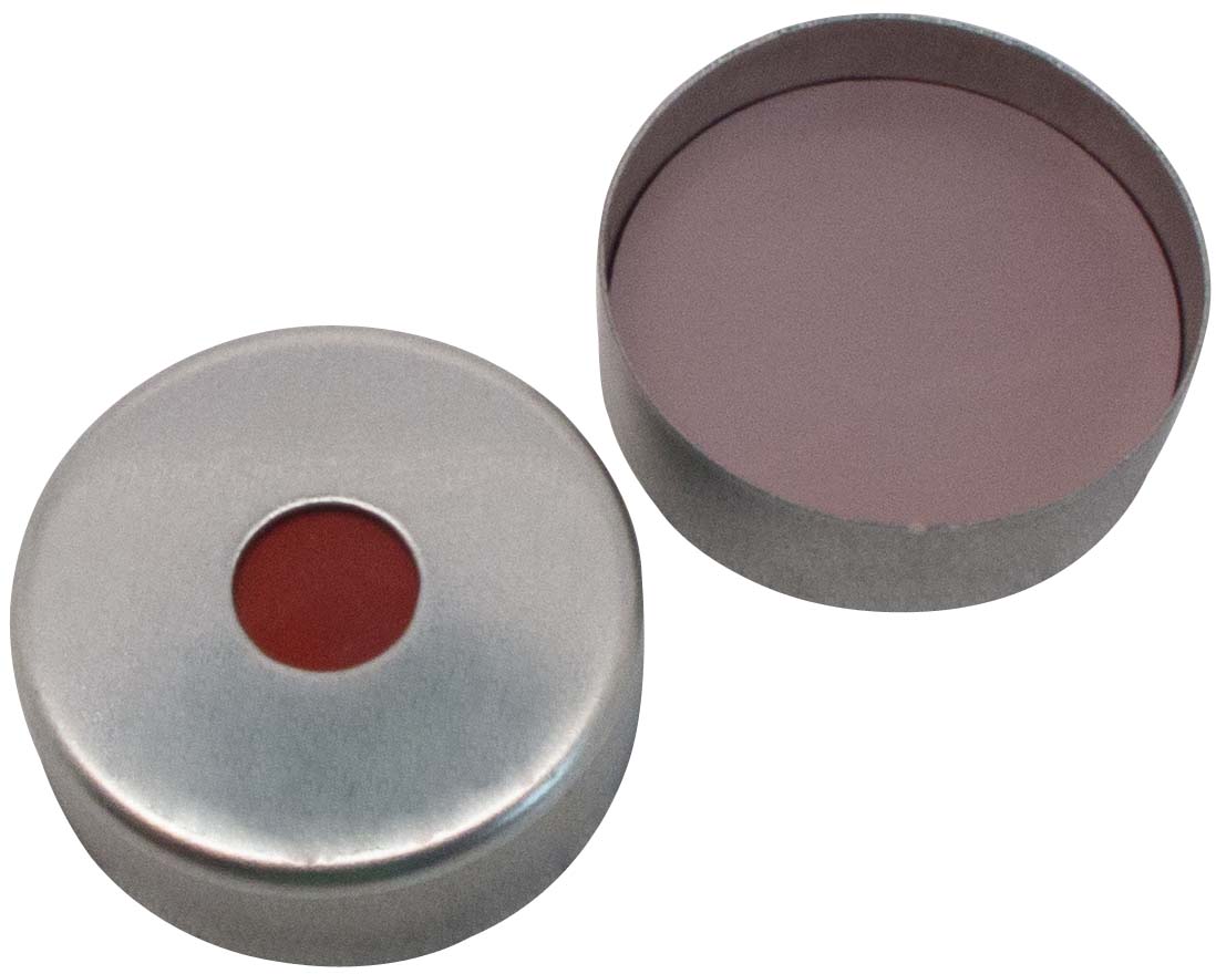 Ultra High Temperature Verschluss: 20mm Stahlbördelkappe, silber, mit 5mm Loch; Ultra High Temperature Septum (UHT), 20mm, Silicon dunkel-rot/PTFE, 45° shore A, 3,0mm (UltraClean)