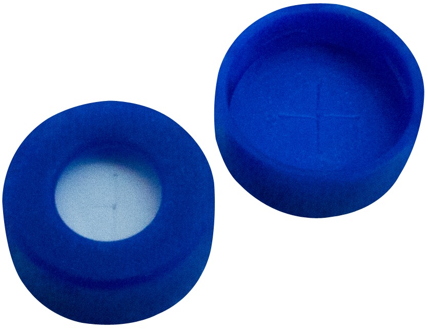 11 mm PE Schnappringkappe, blau, mit Loch; Silicon weiß/PTFE blau, 55° Shore A, 1,0 mm, kreuzgeschlitzt