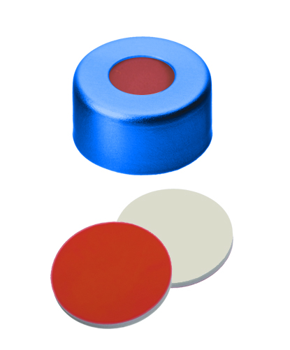 11mm Verschluss: Aluminium Bördelkappe, blau lackiert, mit Loch; Red Rubber / PTFE beige, 45° shore A, 1,0mm